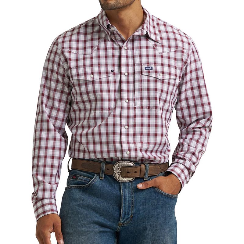 Wrangler Men’s Pinot Red Performance Snap Long Sleeve Plaid Shirt – Style# 112368290