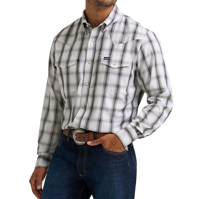 Wrangler Men’s Shadow Grey Performance Snap Long Sleeve Plaid Shirt – Style# 112368291