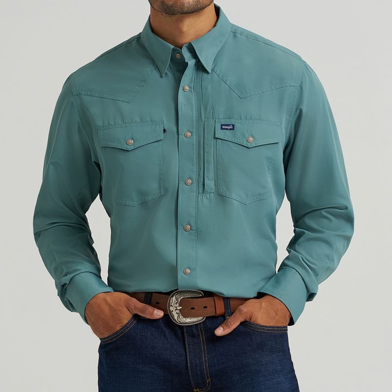 Wrangler Men’s Pine Performance Snap Long Sleeve Solid Shirt – Style# 112368052