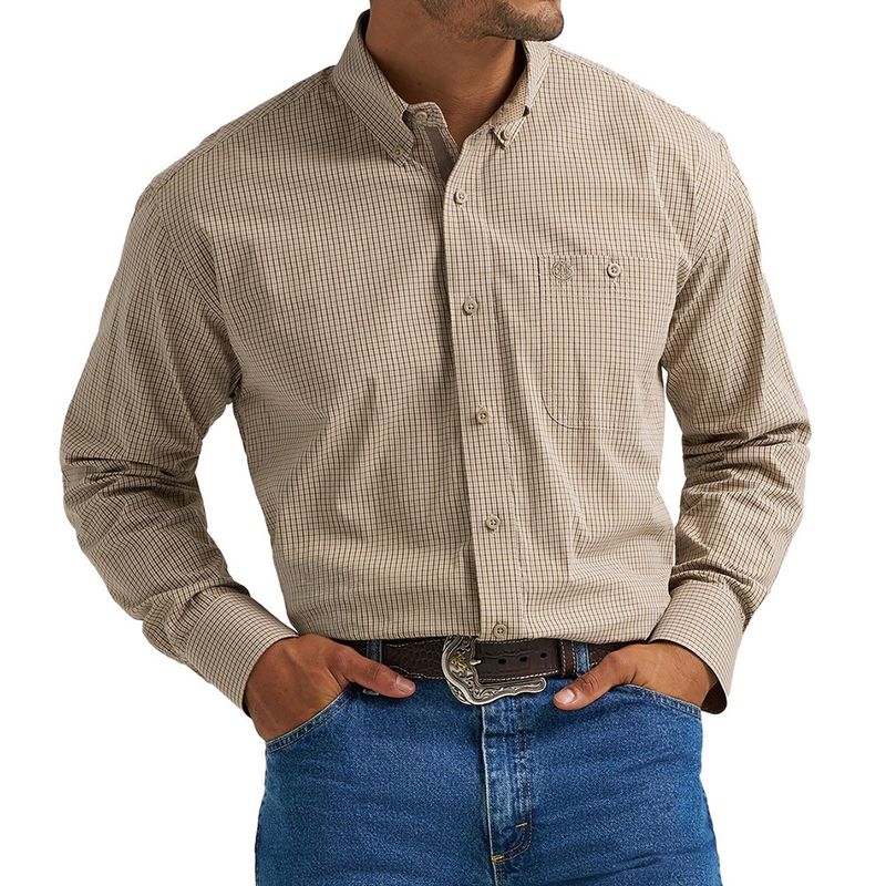 Wrangler George Strait Olive Microcheck Long Sleeve Button Down One Pocket Shirt – Style# 112368228