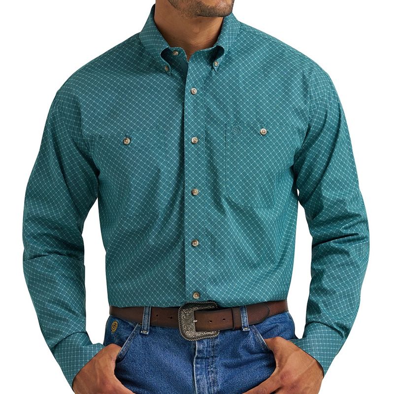 Wrangler George Strait Teal Diamondpane Long Sleeve Button Down Two Pocket Shirt – Style# 112368233