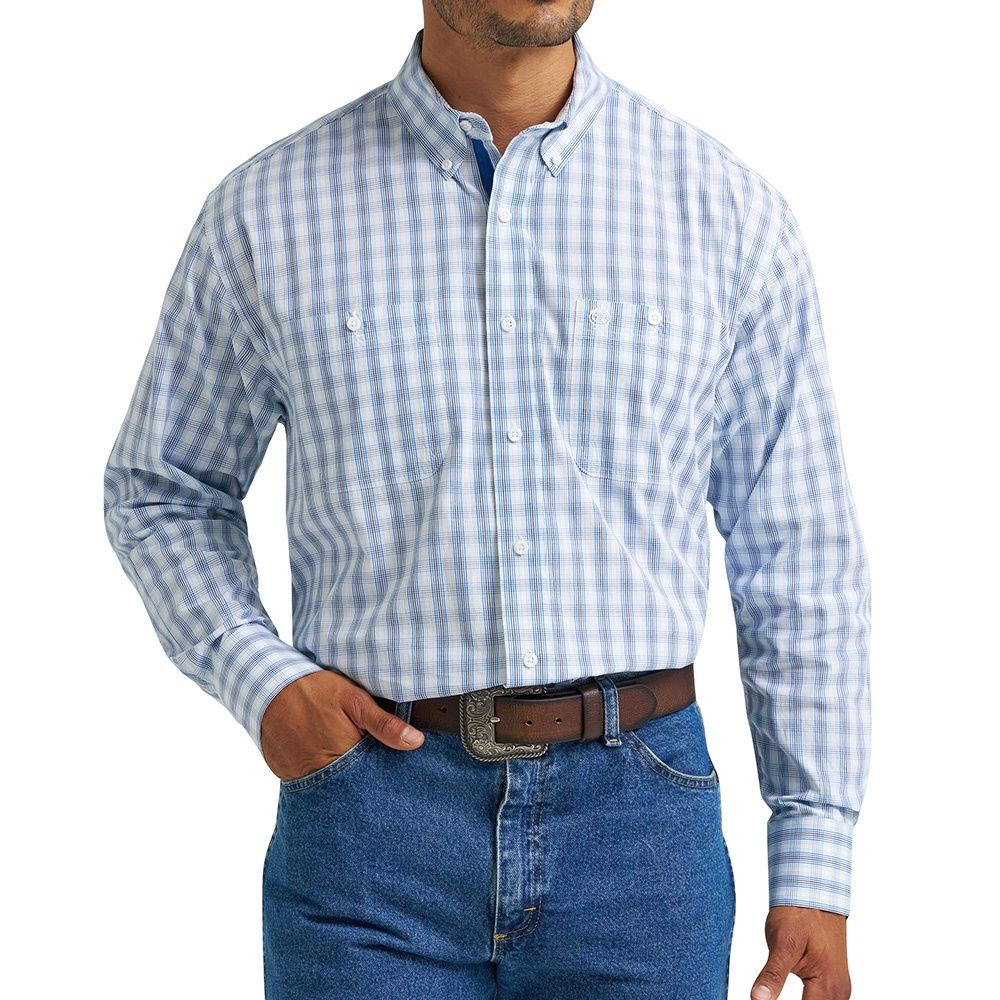 Wrangler Men’s George Strait Pale Glen Check Long Sleeve Button Down Two Pocket Shirt – Style# 112368231