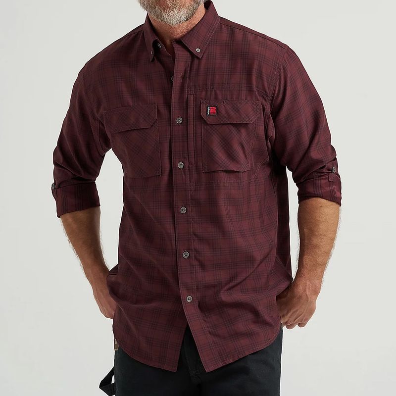 Wrangler RIGGS Men&#39;s Workwear Technical Work Shirt - Burgundy Plaid (112366268)