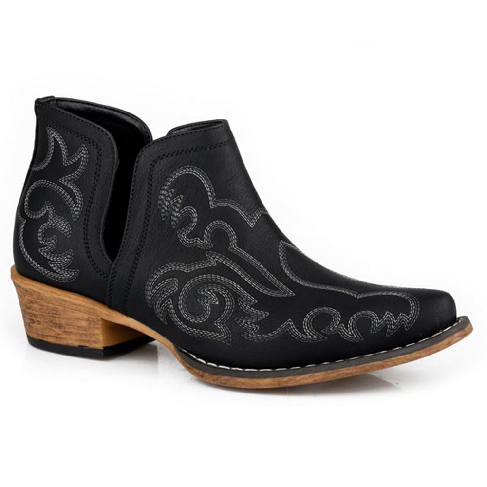 Roper Women’s Ava Black Faux Leather Western Stitch Snip Toe Ankle Boot – Style# 09-021-0191-3699