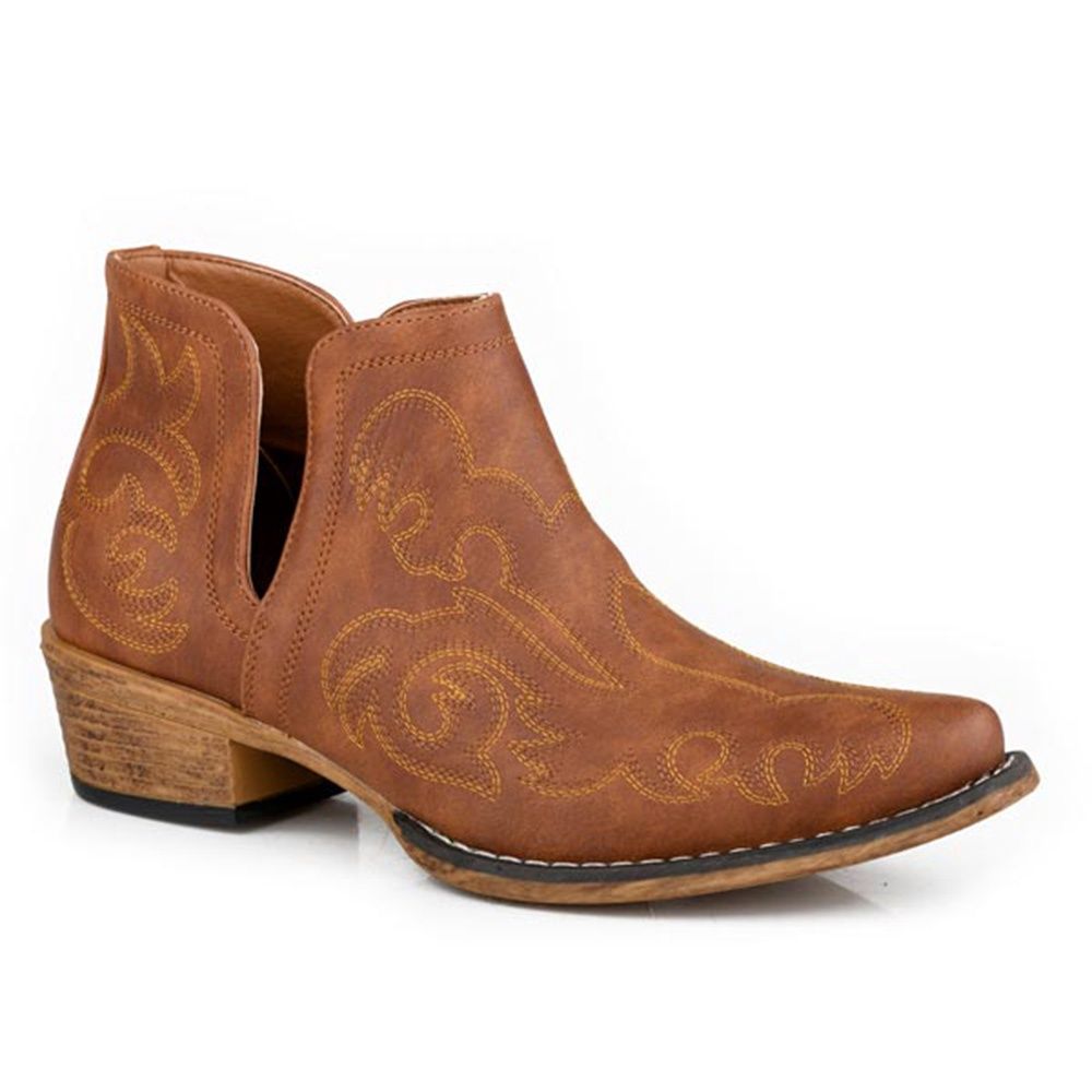 Roper Women’s Ava Brown Faux Leather Western Stitch Snip Toe Ankle Boot – Style# 09-021-0191-3700