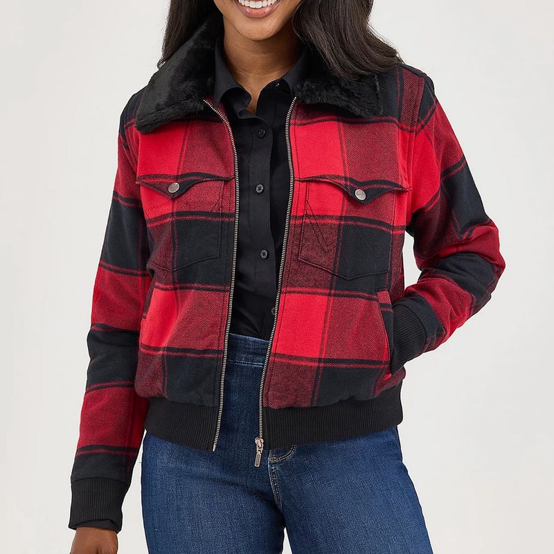 Wrangler Women’s Lined Red Buffalo Bomber Jacket – Style# 112367391