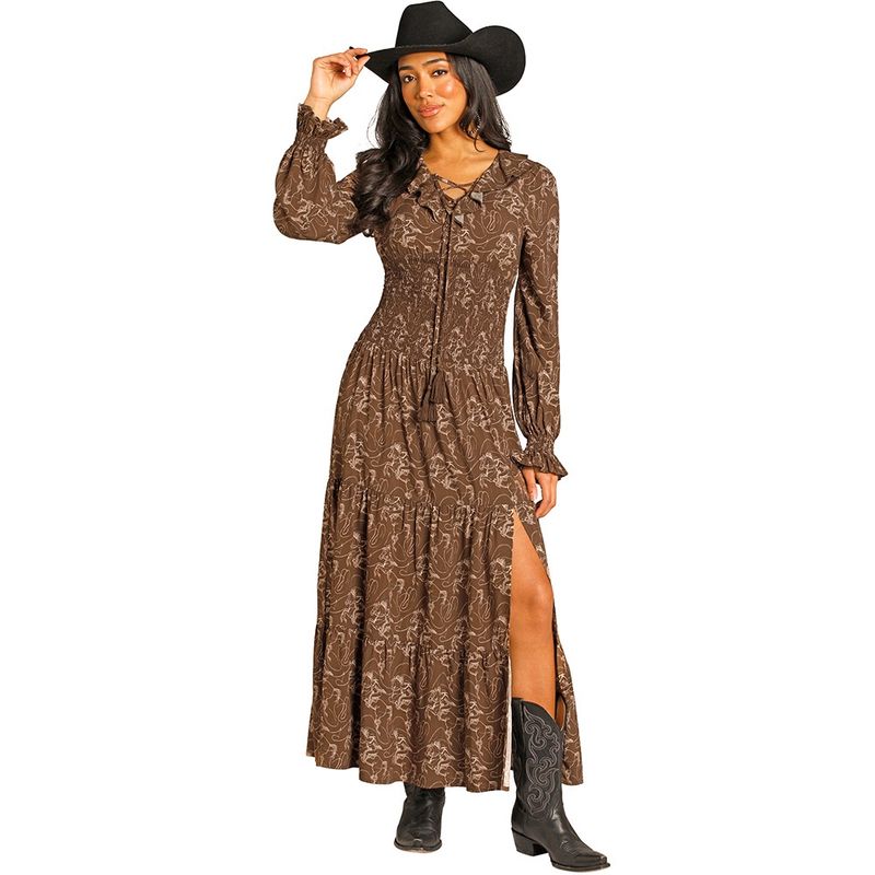 Rock &amp; Roll Denim Women’s Tiered Brown Maxi Dress – Style# BWD2R07782