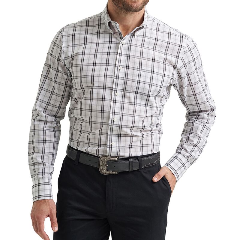 Wrangler Men’s Riata Long Sleeve Classic Dress Shirt – White Plaid