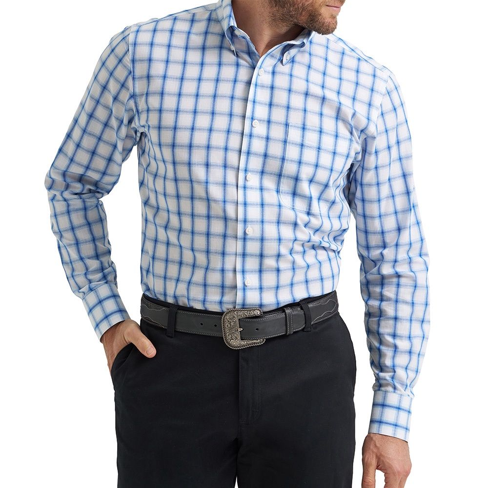 Wrangler Men’s Riata Long Sleeve Classic Dress Shirt – Blue Large Plaid