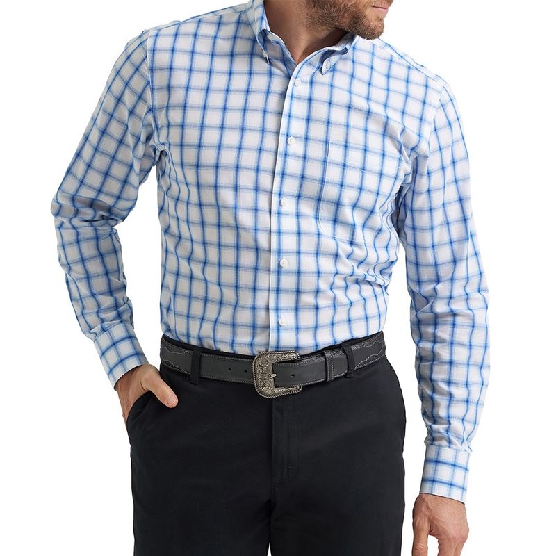 Wrangler Men’s Riata Long Sleeve Classic Dress Shirt – Blue Large Plaid