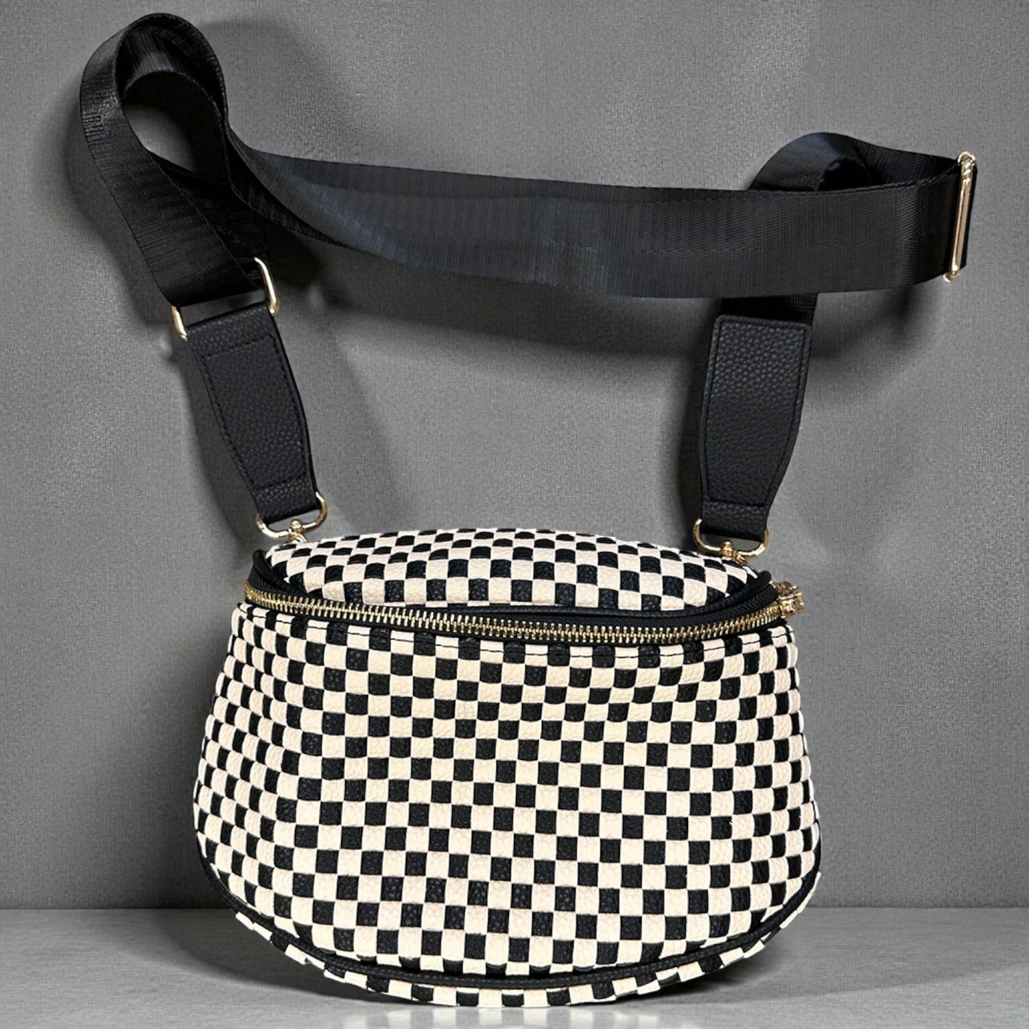 Birdie Black Checkered Saddle Crossbody Bag