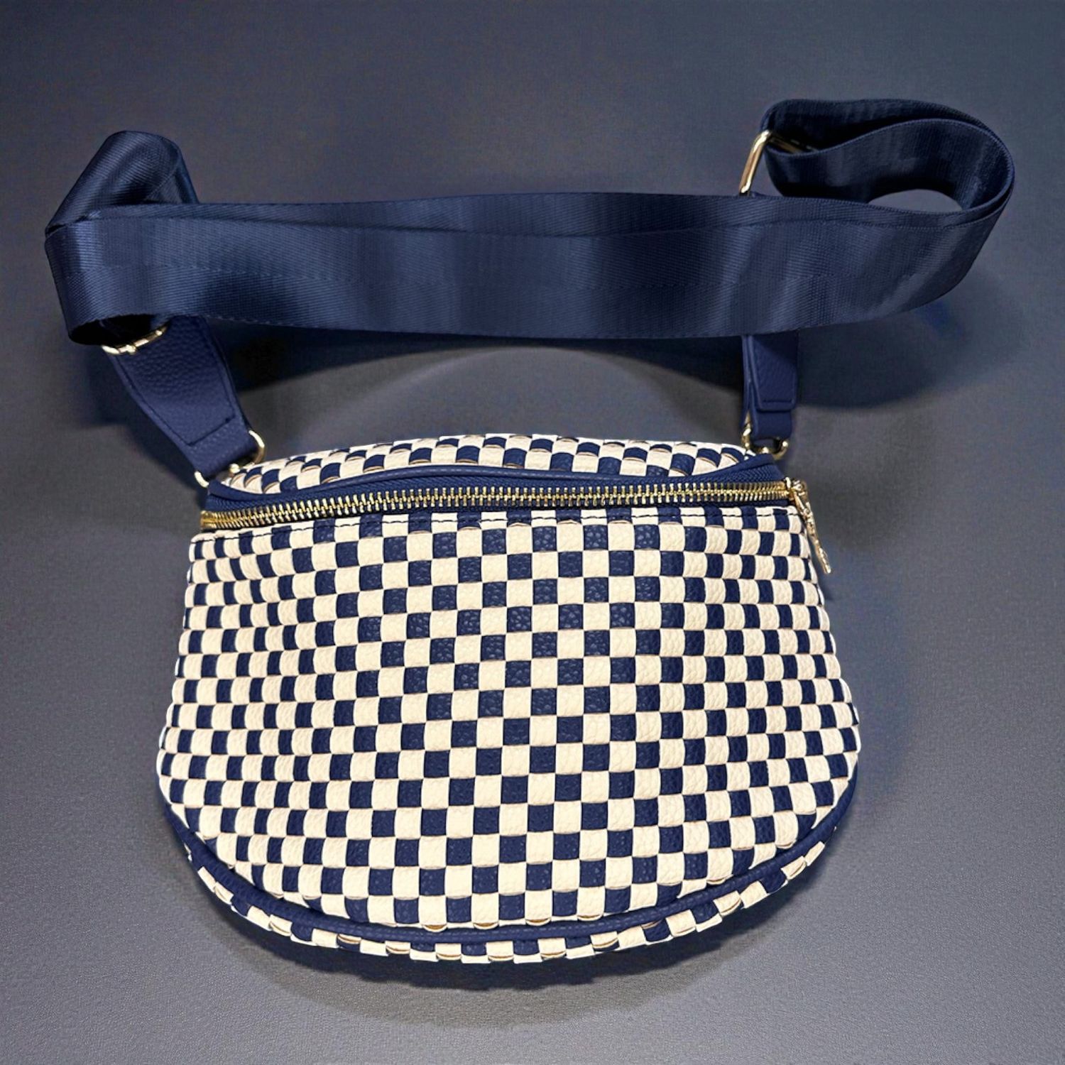 Birdie Navy Checkered Saddle Crossbody Bag