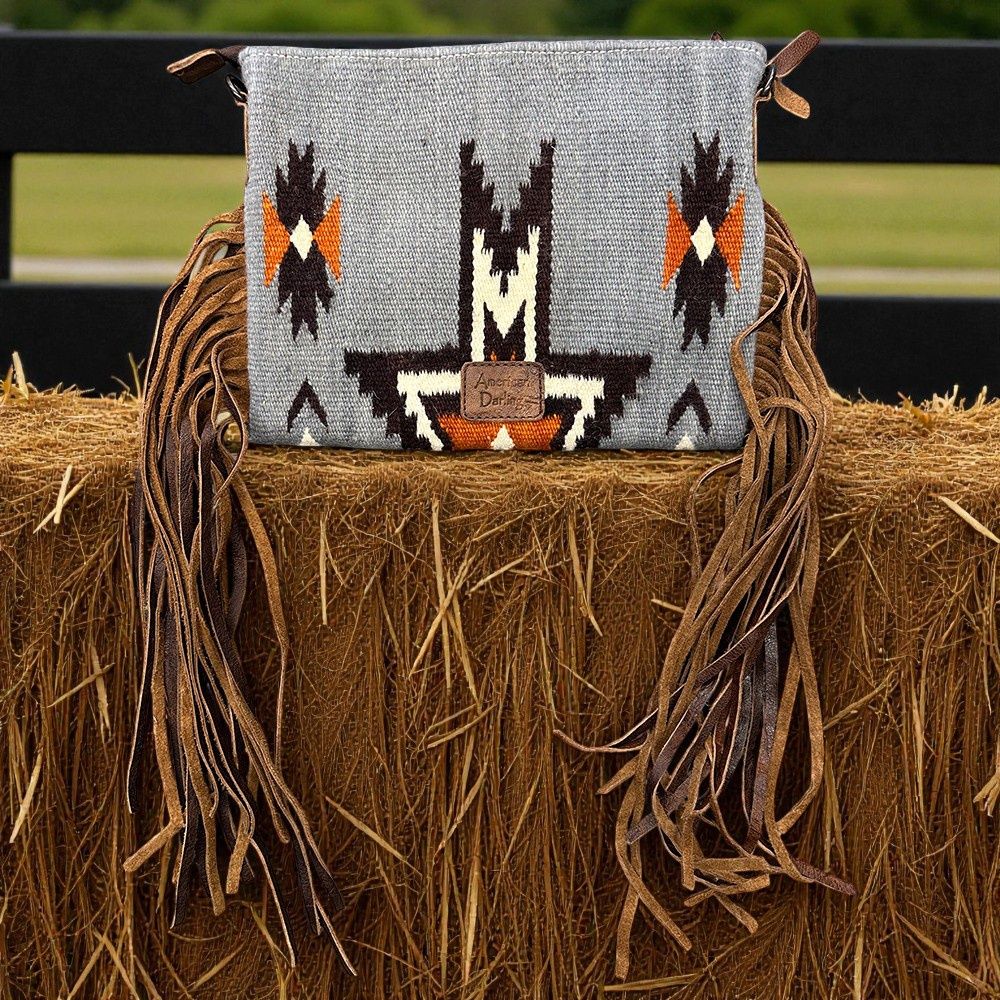 American Darling Southwestern Handwoven Crossbody Bag with Leather Fringe