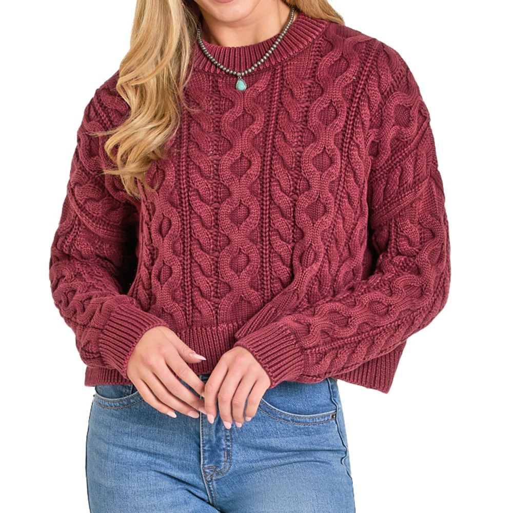 Rock &amp; Roll Denim Women&#39;s Cable Knit Sweater – Wine
