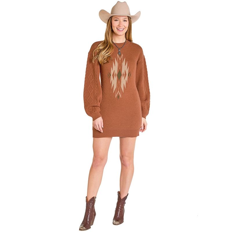 Rock &amp; Roll Denim Women’s Aztec Rust Sweater Dress – Style# BWD2R07829