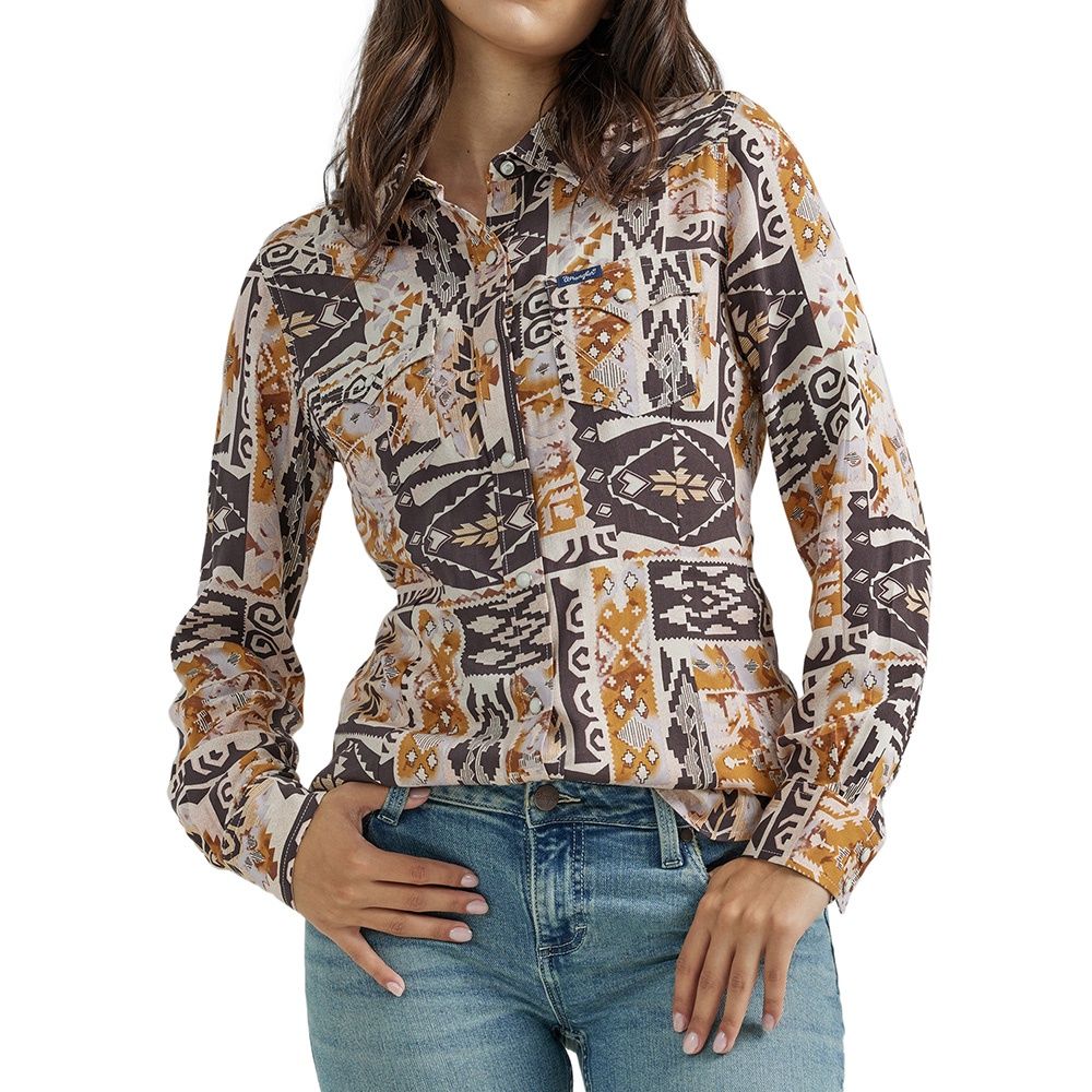 Wrangler Women's Geo Print Western Snap Patchy Shirt, Size: X-Small
