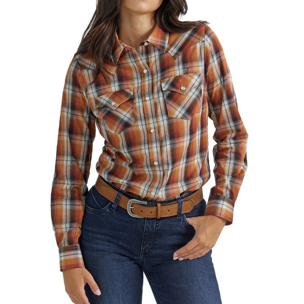 Wrangler Women's Essential Long Sleeve Plaid Western Snap Harvest Orange Shirt, Size: Small