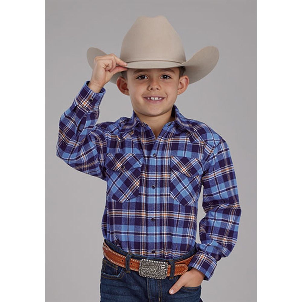 Roper Boy's Flannel Blue/Orage Shirt, Size: Small
