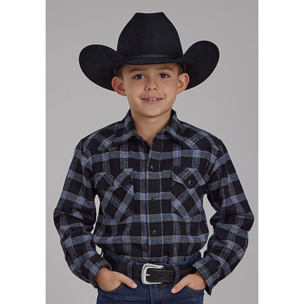 Roper Boy's Flannel Black Grey Shirt, Size: Small