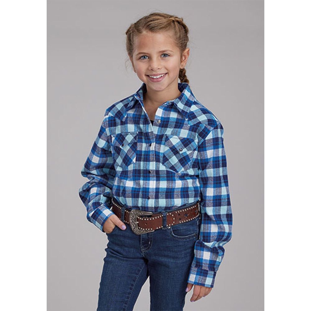 Roper Girl's Flannel Blue Shirt, Size: Small