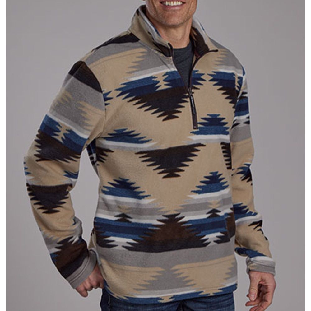 Roper Men's Micro Fleece Brown/Blue Aztec Pullover, Size: Medium