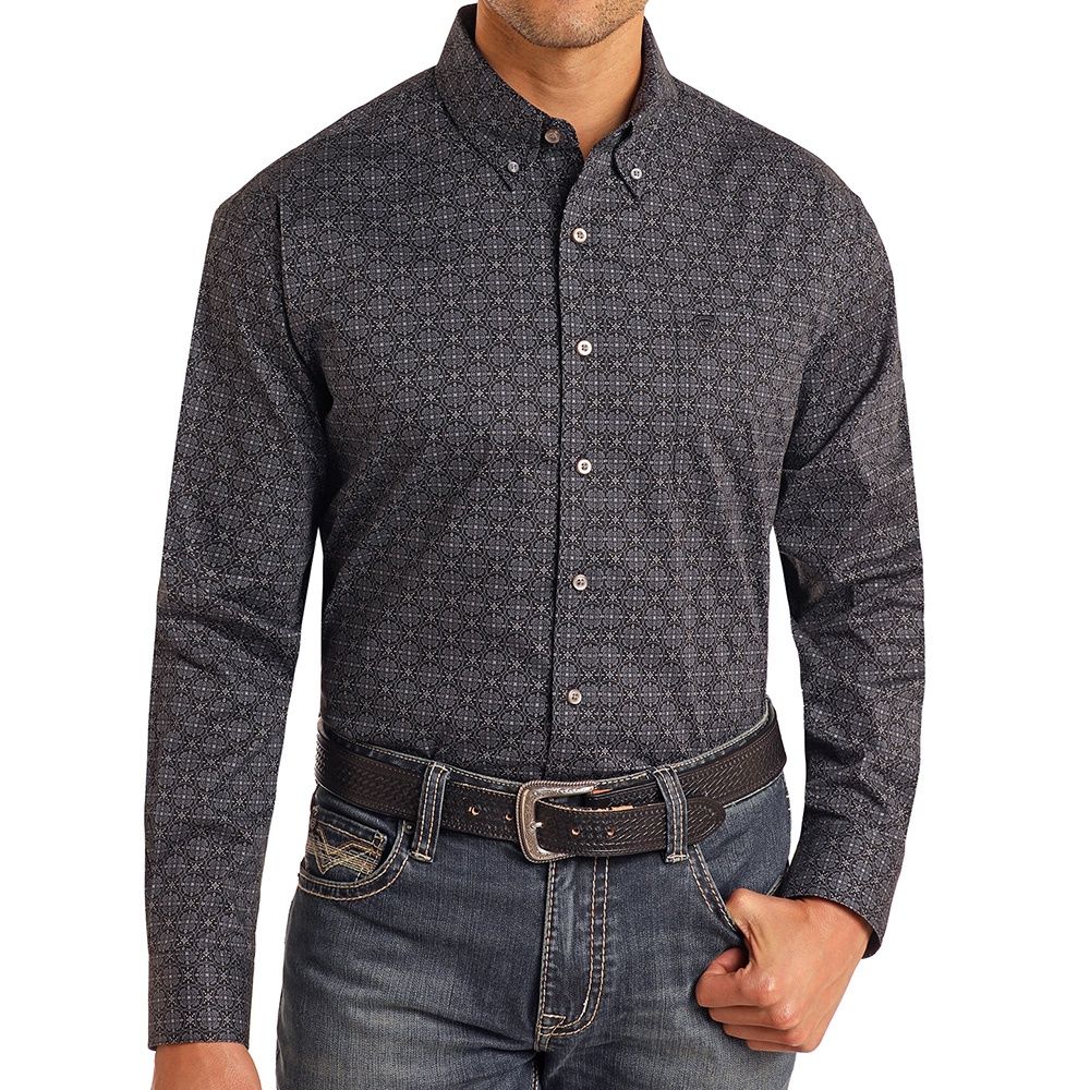 Rock &amp; Roll Denim Men's Black Medallion Print Shirt, Size: Small