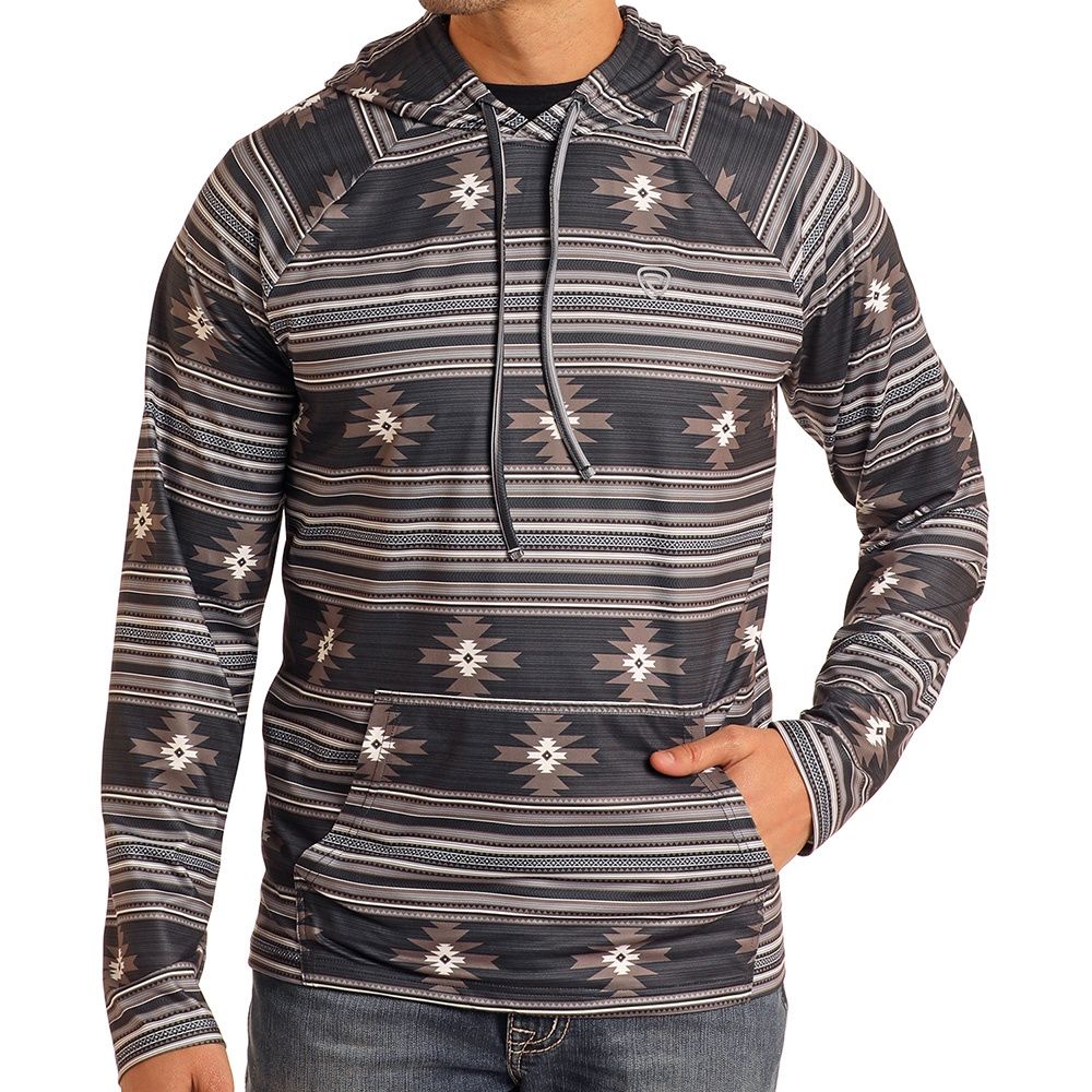 Rock and Roll Denim Men's Performance Black Aztec Printed Hoodie, Size: Small