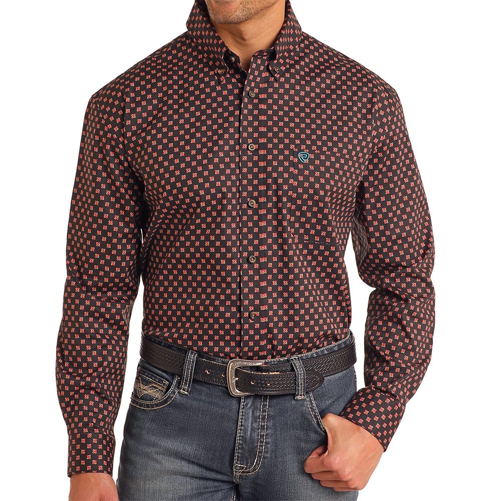 Rock and Roll Denim Men's Burgundy Geo Print Shirt, Size: Small
