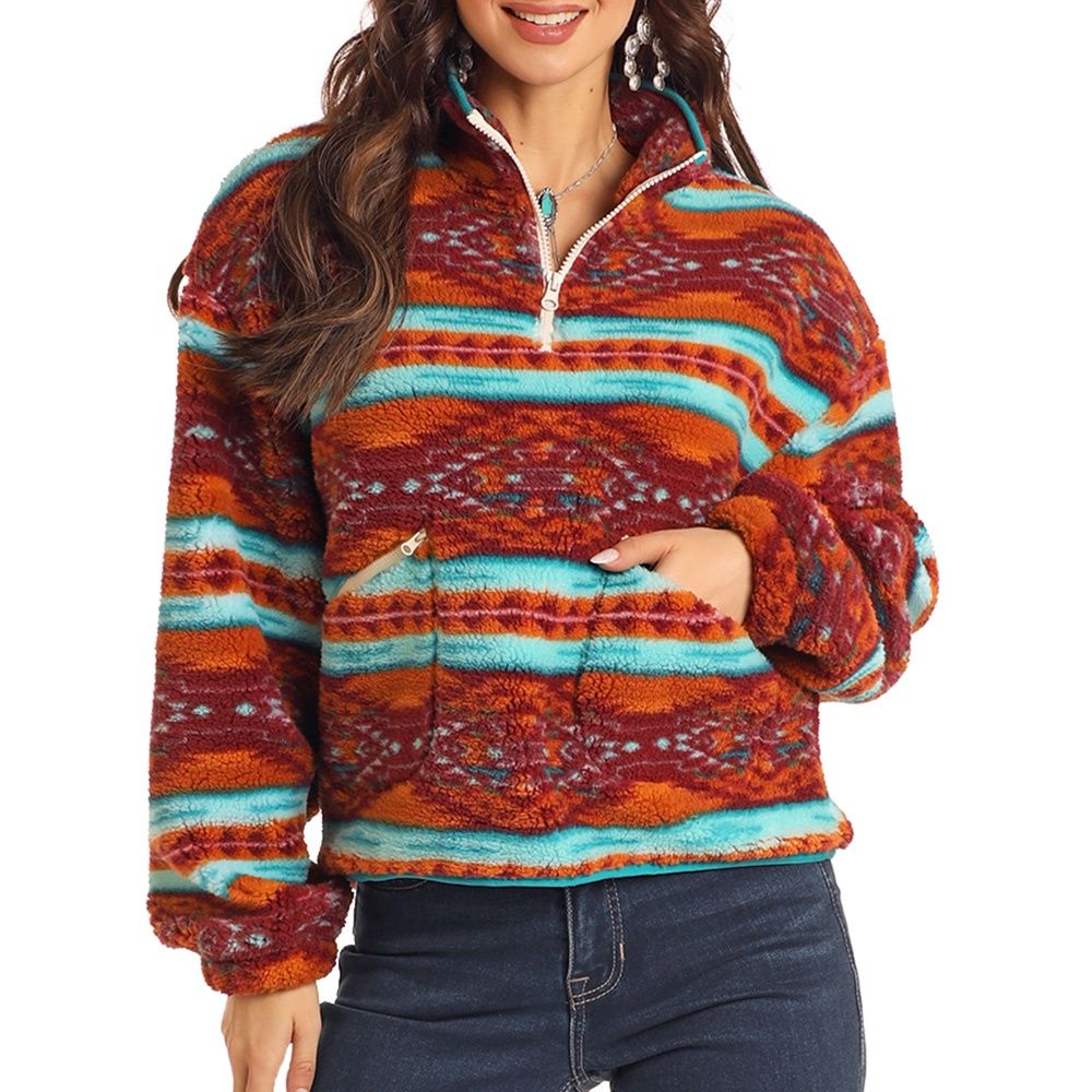 Rock and Roll Denim Women's Teal Aztec Print Sherpa 1/4 Zip, Size: Small