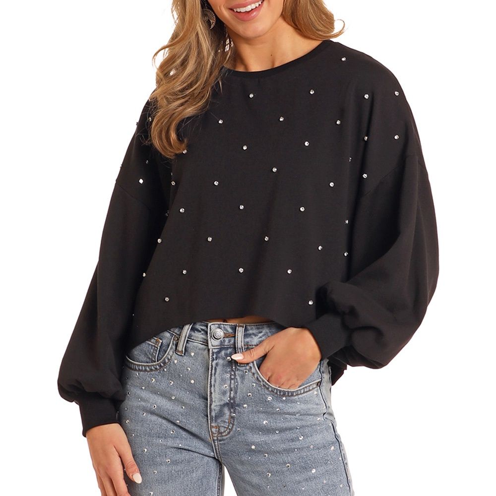 Rock and Roll Denim Women's Black Rhinestone Pullover, Size: Small