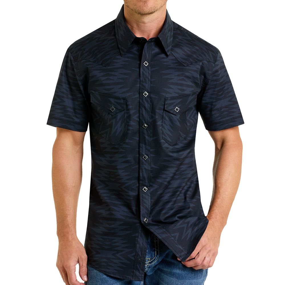 Rock &amp; Roll Denim Men's Aztec Print Short Sleeve Snap Shirt – Black, Size: Medium