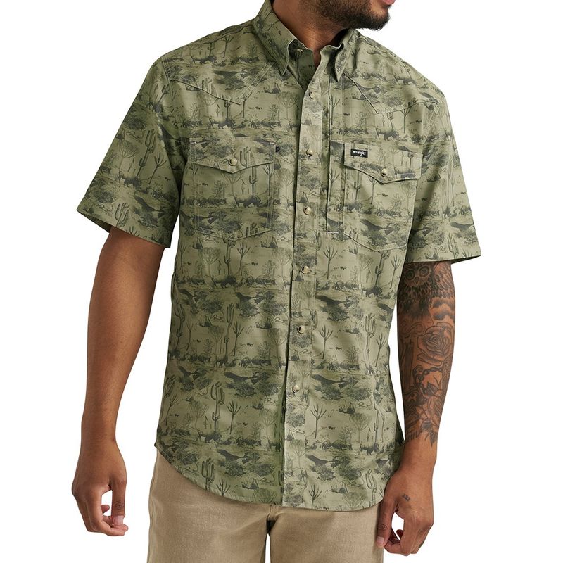 Wrangler All Terrain Gear Men’s Print Performance Shirt Olivine front view