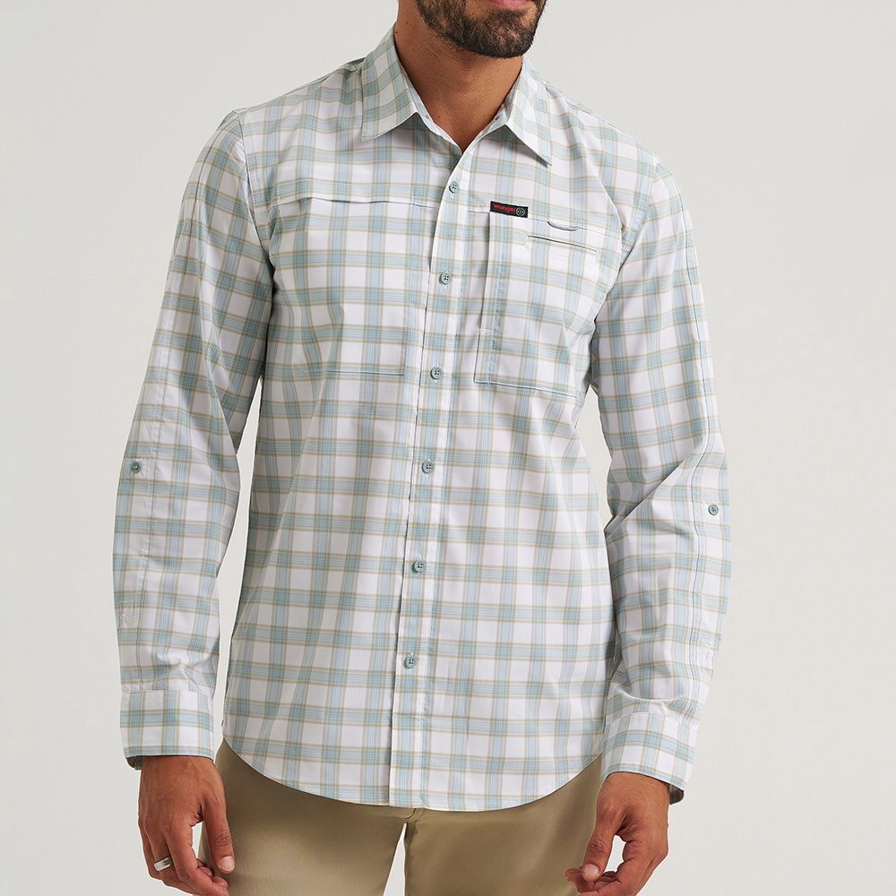 Wrangler All Terrain Gear Men's Plaid Hike to Fish Shirt – White Check