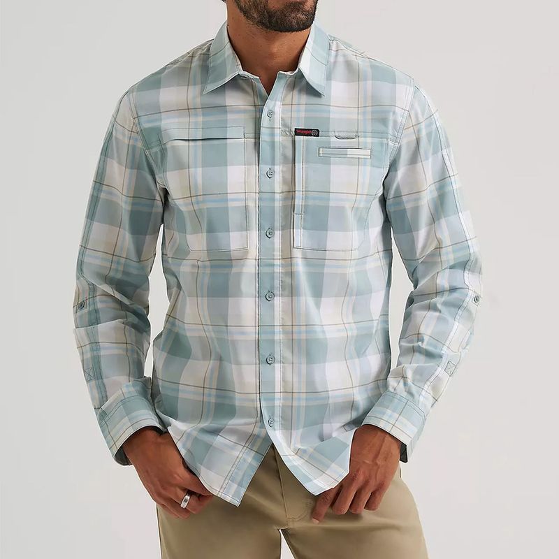 Wrangler All Terrain Gear Men’s Plaid Hike to Fish Shirt Abyss Check front view