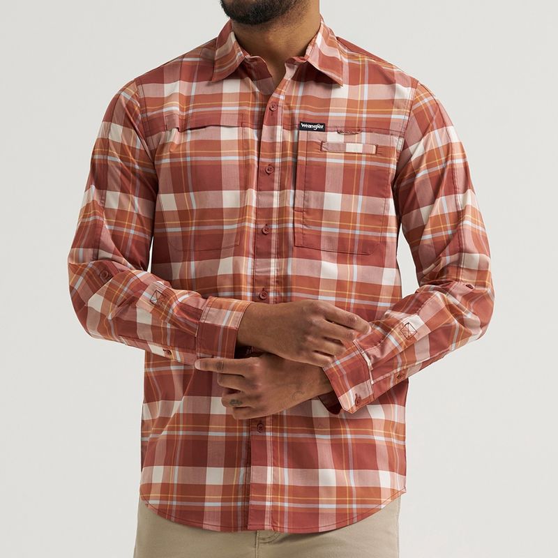 Wrangler All Terrain Gear Men’s Plaid Hike to Fish Shirt Mahogany Check front view