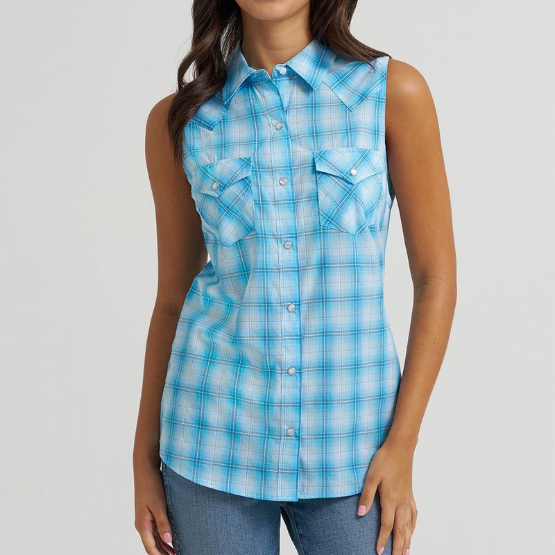 Wrangler® Women's Essential Sleeveless Plaid Western Snap Shirt – Pool Blue