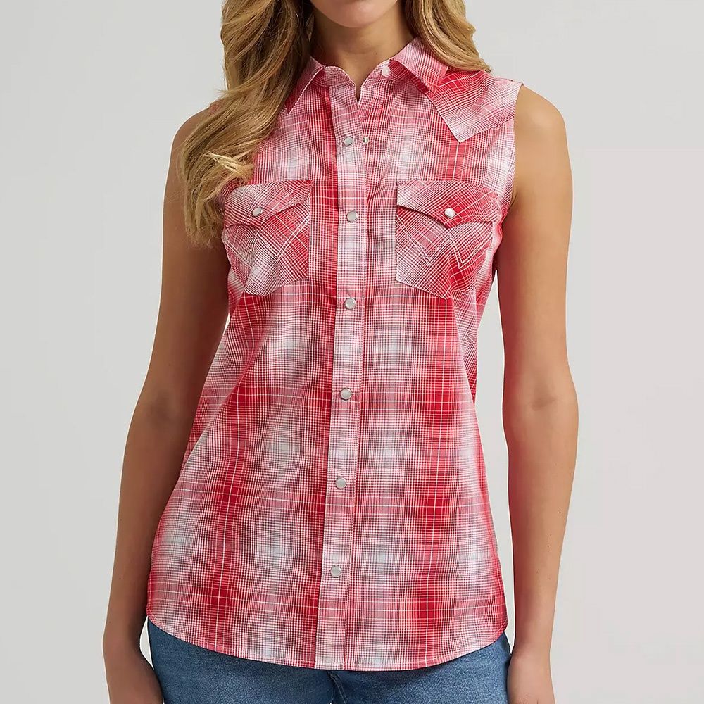 Wrangler women’s sleeveless western snap shirt red plaid front view