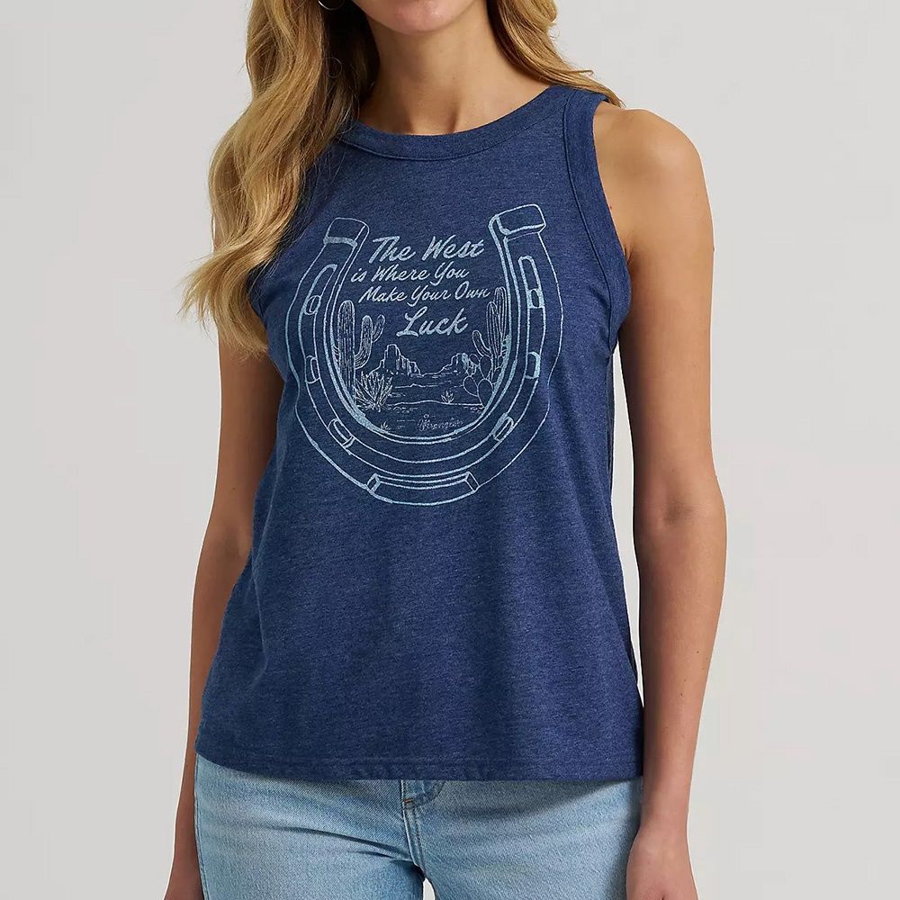 Wrangler women’s Make Your Own Luck goddess tank Pageant Blue Heather front view