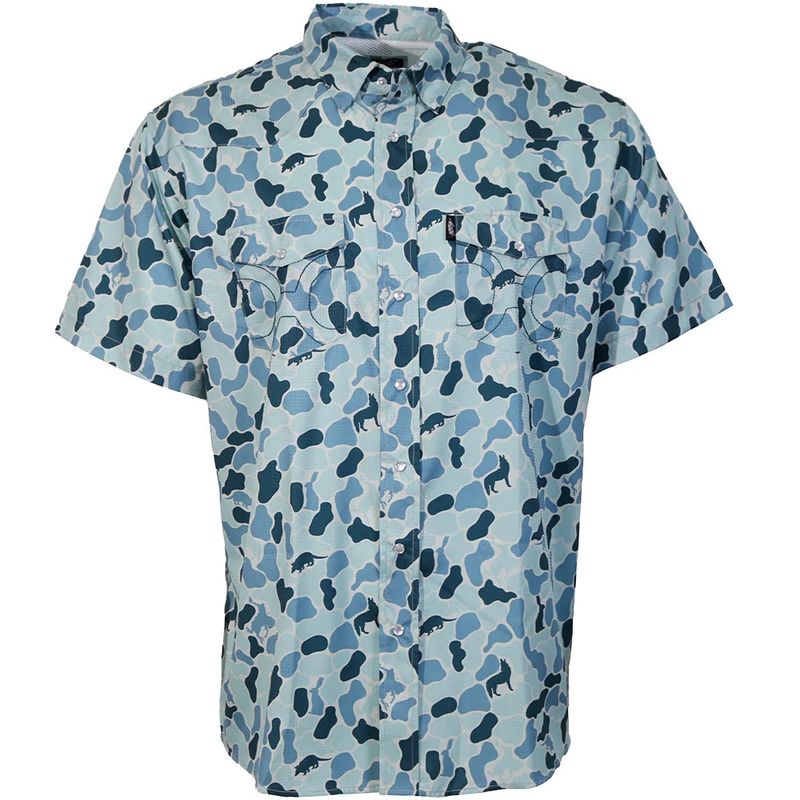 Hooey Sol men’s pearl snap shirt blue camo front view