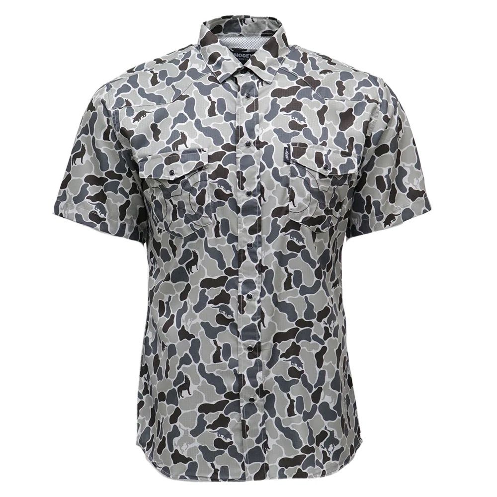 Hooey Sol men’s pearl snap shirt grey camo front view