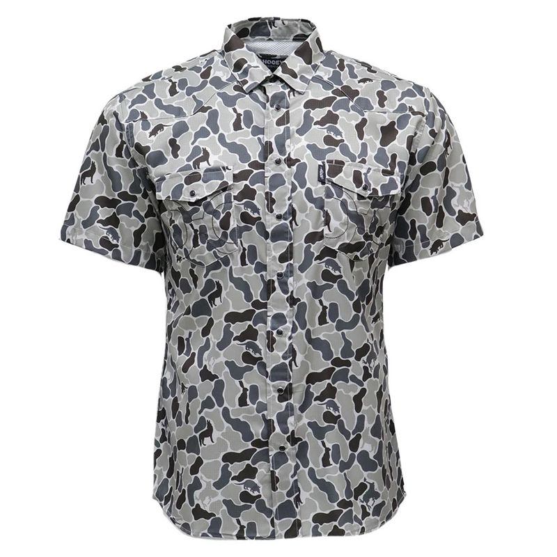 Hooey Sol men’s pearl snap shirt grey camo front view