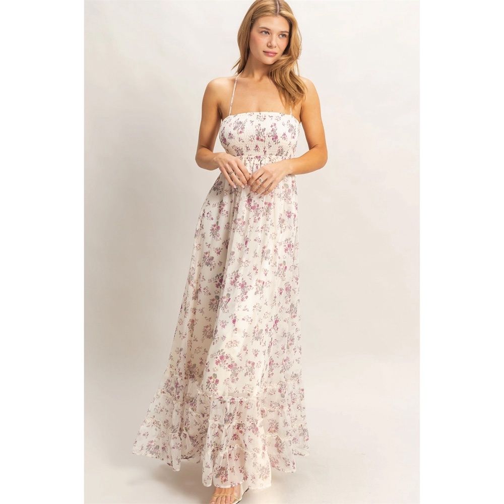 HYFVE women’s smocked floral maxi dress rose wine front view