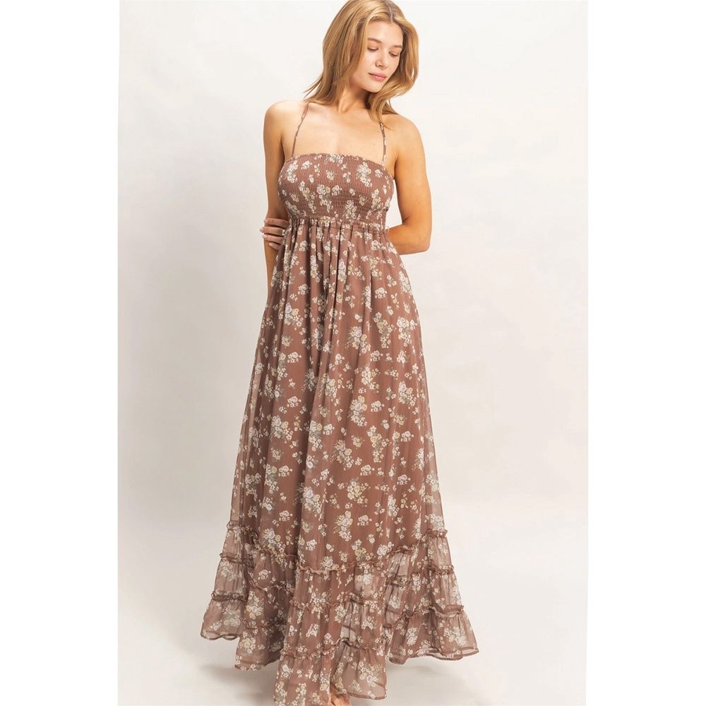 HYFVE women’s smocked floral maxi dress brown front view