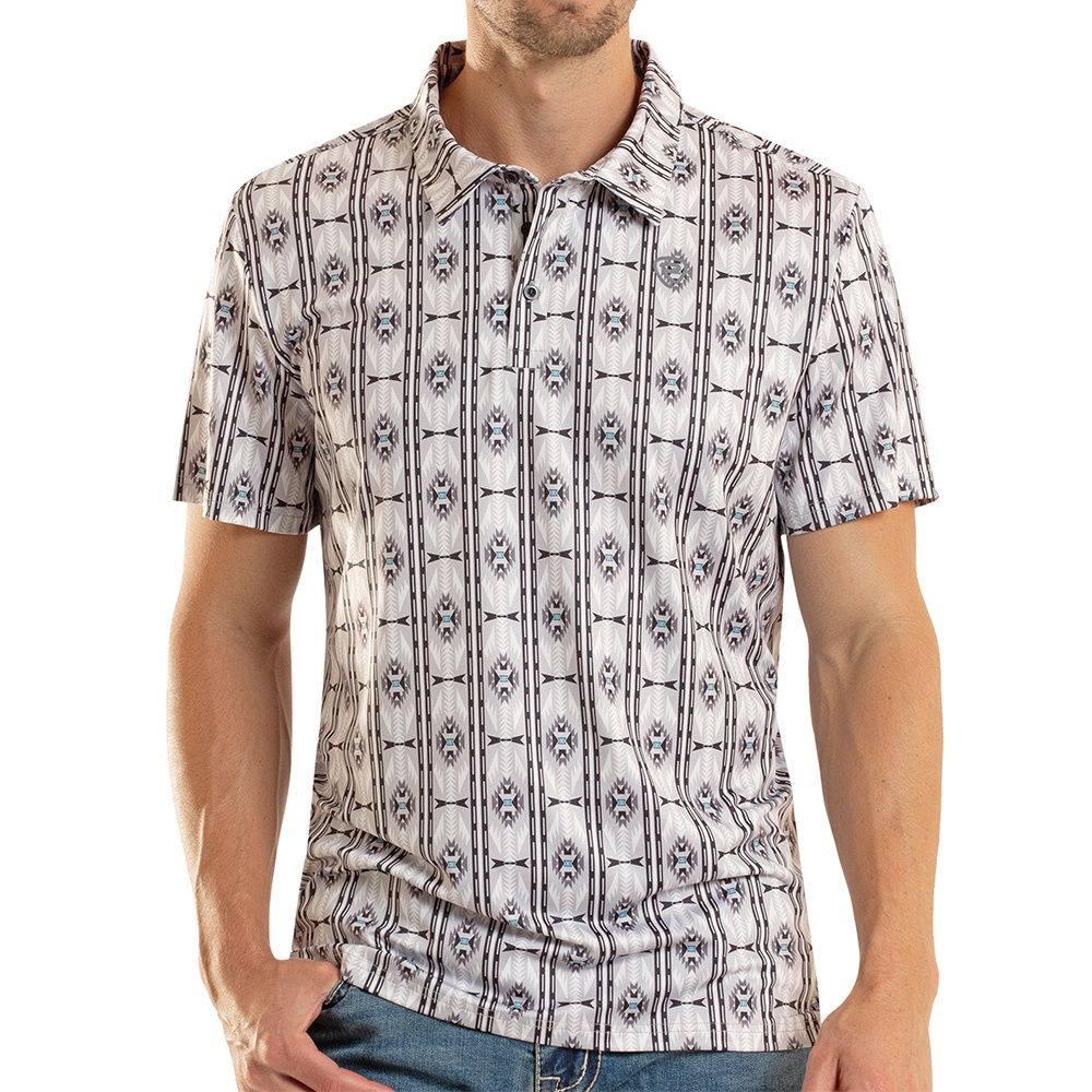 Rock and Roll Denim men’s Aztec printed polo light grey front view