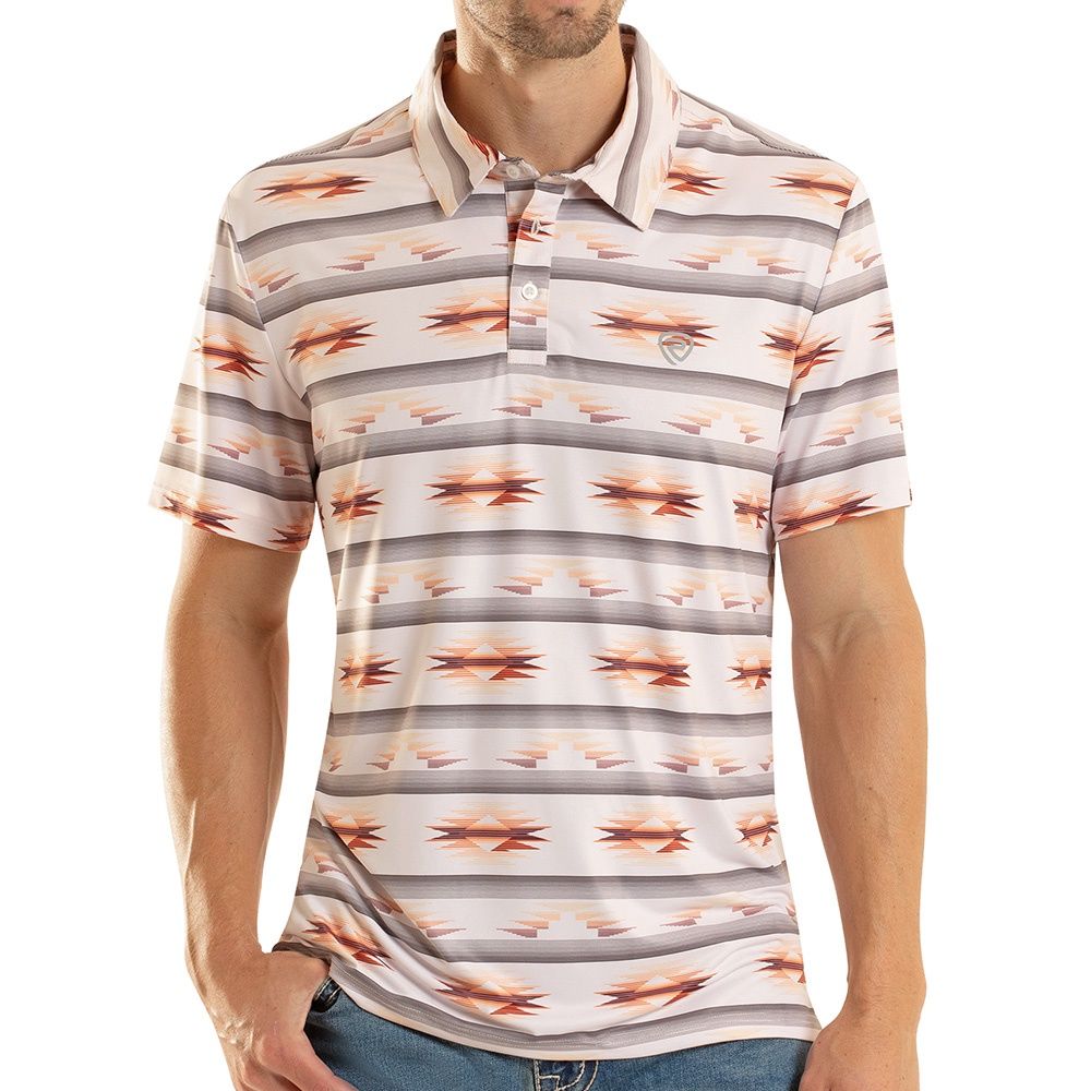 Rock and Roll Denim men’s Aztec printed polo natural front view