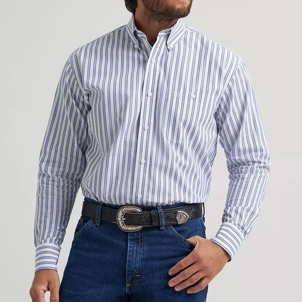 Wrangler George Strait striped blue long sleeve shirt front view