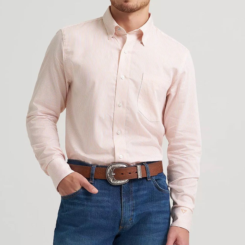 Wrangler Cody Johnson Peach Stripe button down shirt front view