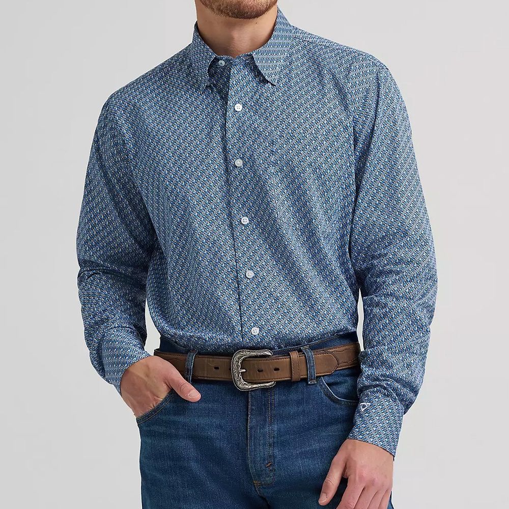 Wrangler Cody Johnson Blue Folds button down shirt front view