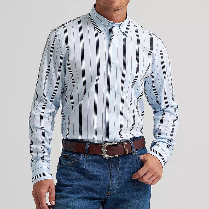 Wrangler Cody Johnson Baby Blue Stripe button down shirt front view