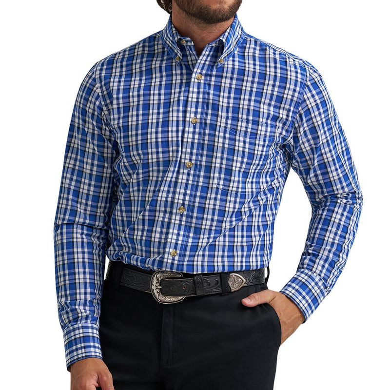 Wrangler Riata men’s blue plaid long sleeve dress shirt front view